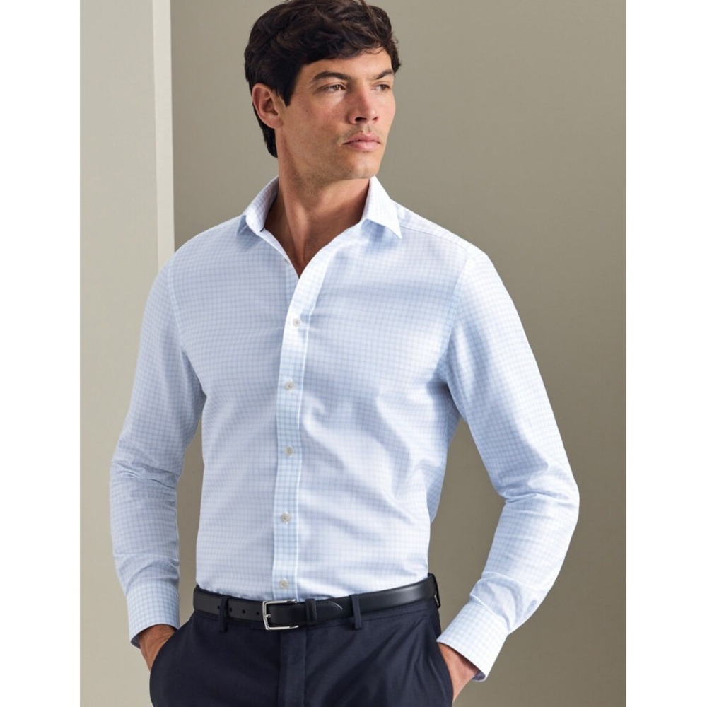 Charles Tyrwhitt Non-Iron Stretch Trafalgar Weave Check Shirt 16/35 Ocean Blue